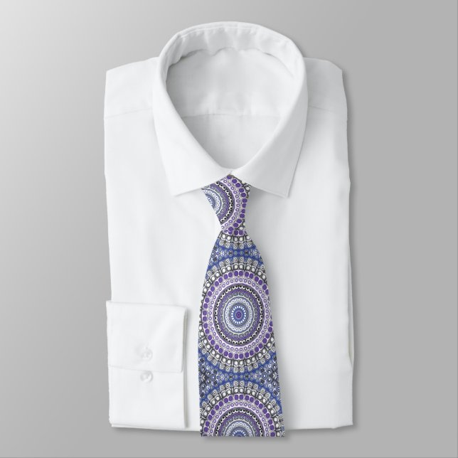 Blue and Purple Mandala Geometric Circular Pattern Tie (Tied)