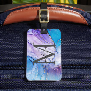 Blue and Purple Marbled Monogramed  Luggage Tag