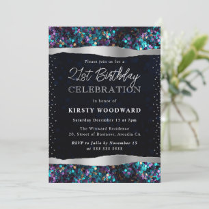 Blue and Purple Mermaid Sequins 21st Birthday Invitation