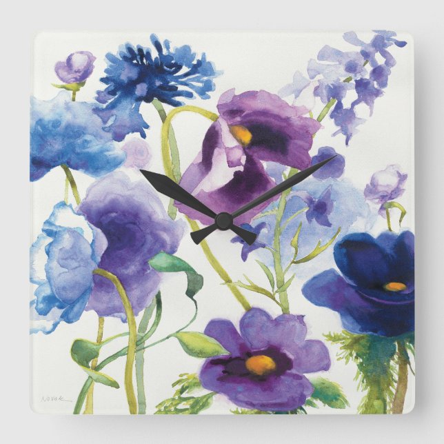 Blue and Purple Mixed Garden Square Wall Clock (Front)