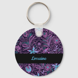 Blue and purple neon flowers keychain