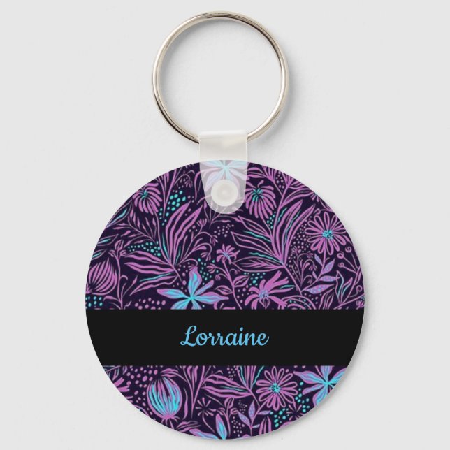 Blue and purple neon flowers keychain (Front)
