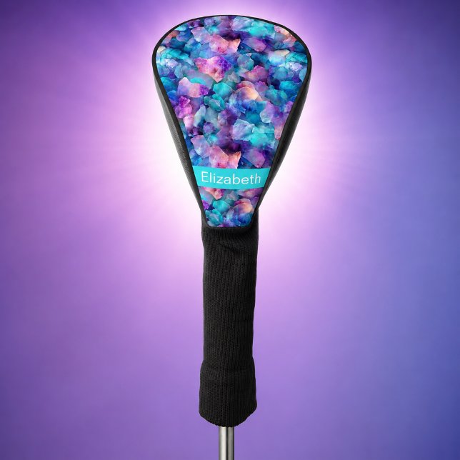 Blue and Purple Opal Crystal Personalized Golf Head Cover (blue and purple crystal patterned and personalized golf club cover for women.)