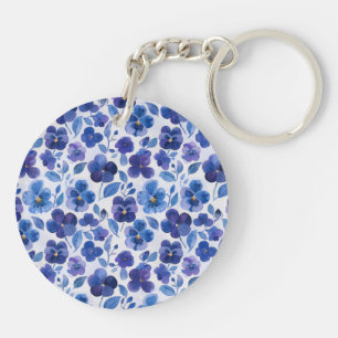 Blue and Purple Pansy Type Flowers Two-sided Keychain