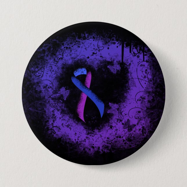 Blue and Purple Ribbon Grunge Heart 3 Inch Round Button (Front)