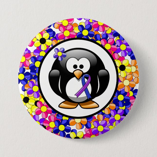 Blue and Purple Ribbon Penguin 3 Inch Round Button (Front)
