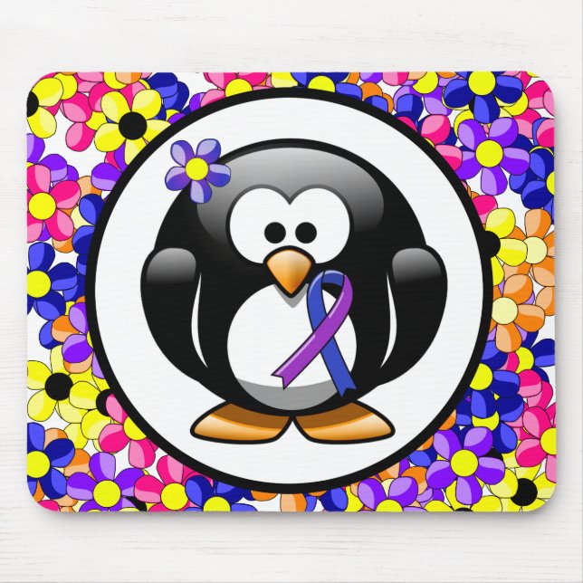 Blue and Purple Ribbon Penguin Mouse Pad (Front)