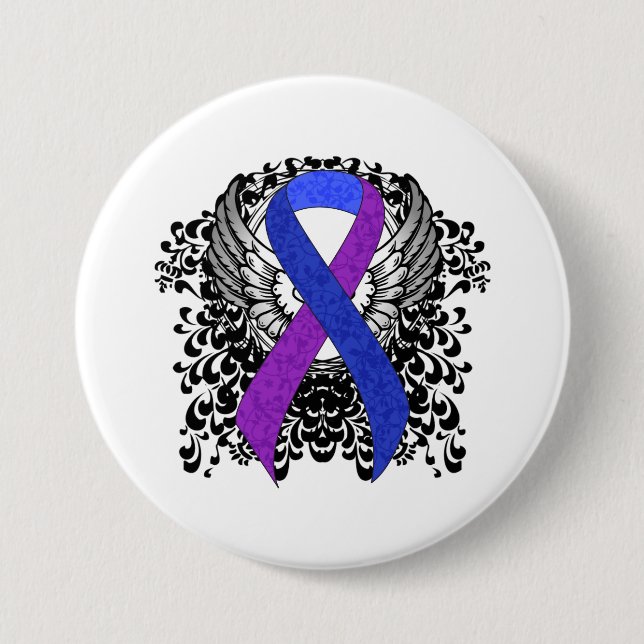 Blue and Purple Ribbon with Wings 3 Inch Round Button (Front)