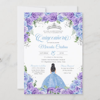 Blue and Purple Roses & Silver Tiara Quinceanera I Invitation