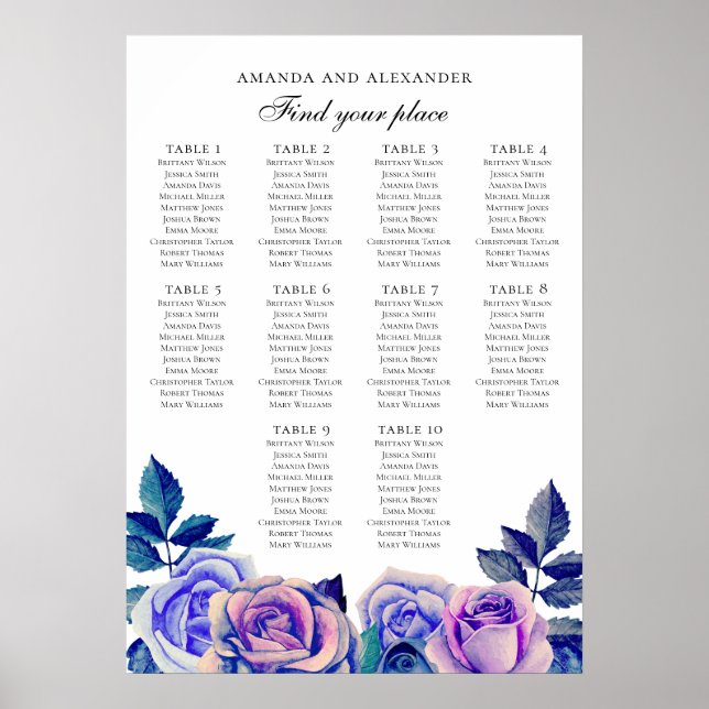 Blue and purple roses. Wedding seating chart (Front)
