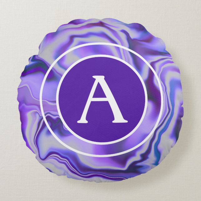 Blue and Purple Silky Marble Monogram Letter Round Pillow (Front)