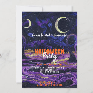 Blue and Purple Sky Crescent Moon Halloween Party Invitation