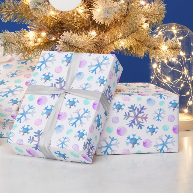 Blue and Purple Snowflakes Modern White Christmas Wrapping Paper (Holidays)