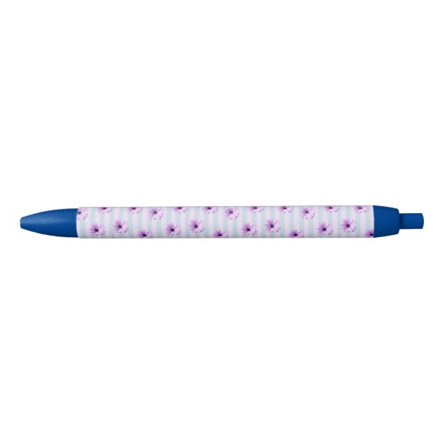 blue and purple striped daisy pattern black ink pen (Front)