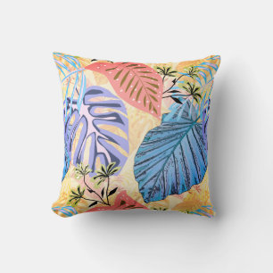 Blue and purple tropical leaves. throw pillow