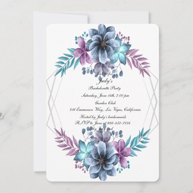 Blue And Purple Watercolor Floral Bachelorette Invitation (Front)