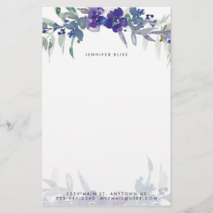 Blue and purple watercolor floral personalized stationery
