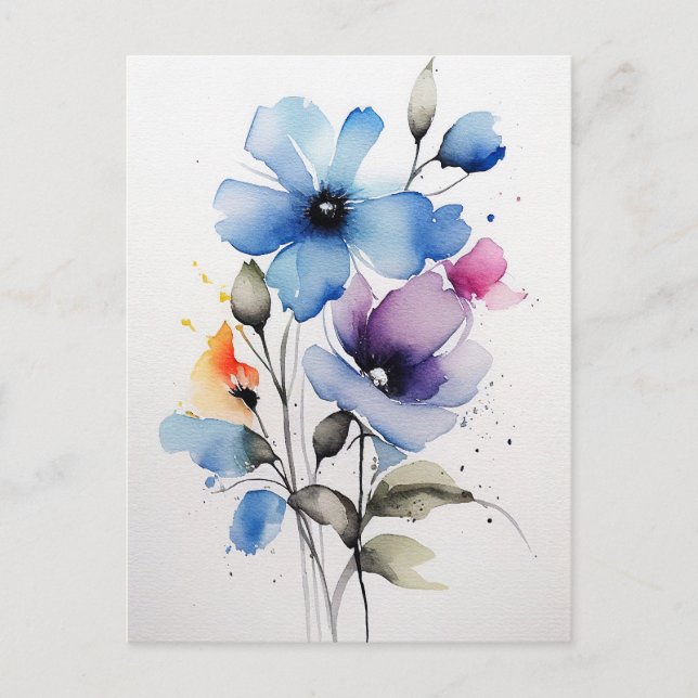 Blue and Purple Watercolor Flowers Postcard (Front)