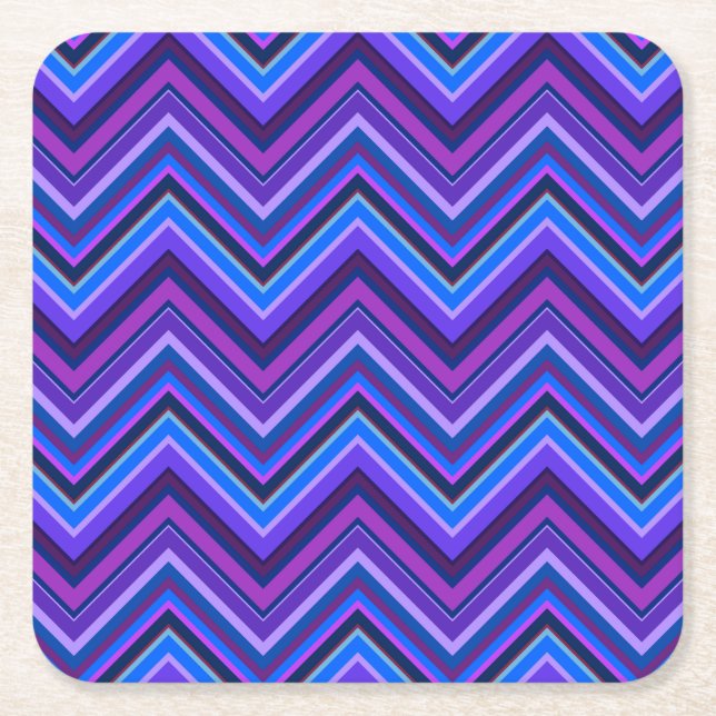 Blue and purple zigzag stripes square paper coaster (Front)