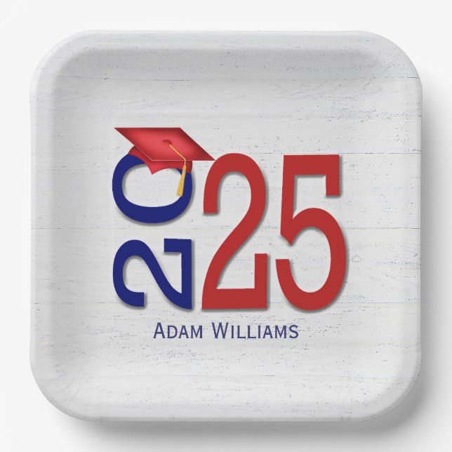 Blue and Red 2025 Graduation On Wood Paper Plate (Front)