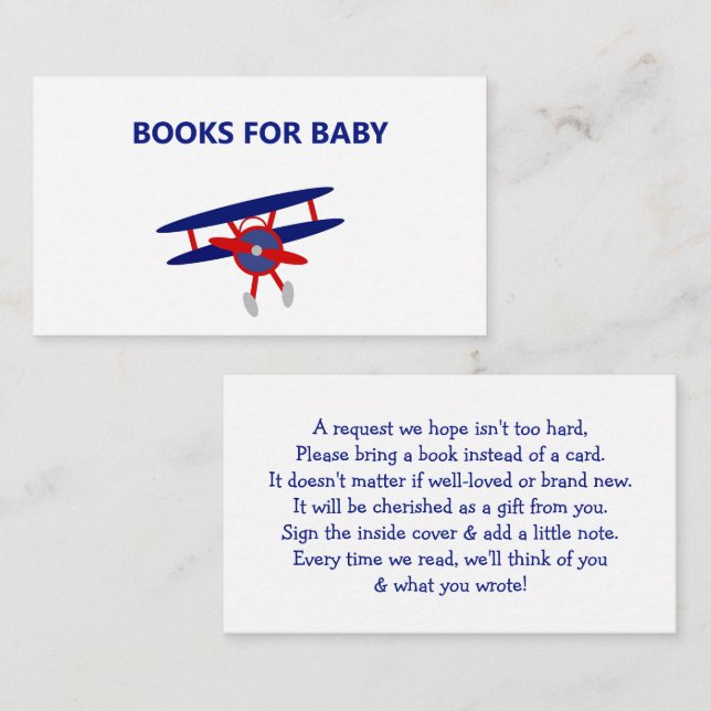 Blue and Red Airplane Baby Shower Books for Baby Enclosure Card (Front/Back)