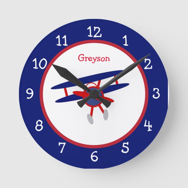 Blue and Red Airplane Children's Personalized Round Clock (Front)