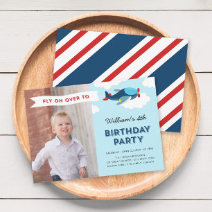 Blue and Red Airplane Photo Birthday Party Invitation