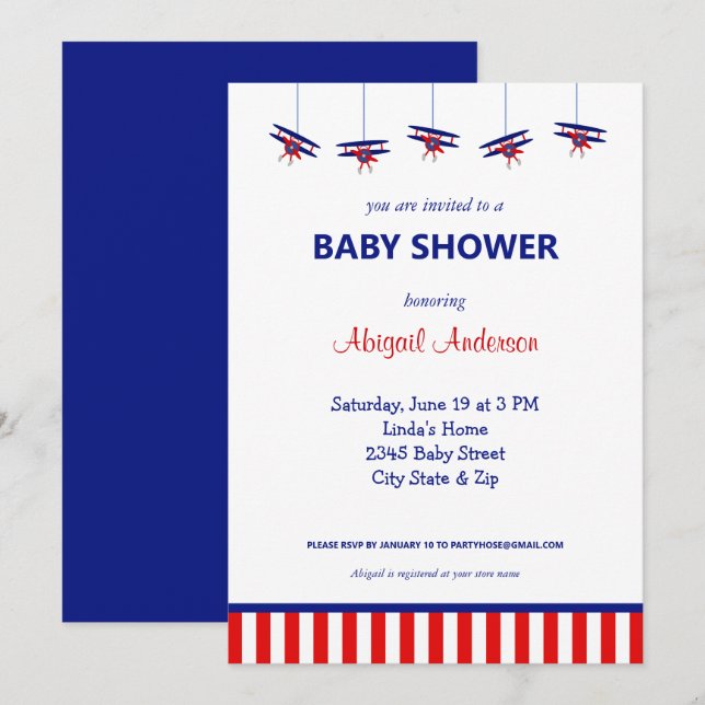Blue and Red Airplane Striped Baby Shower Invitati Invitation (Front/Back)