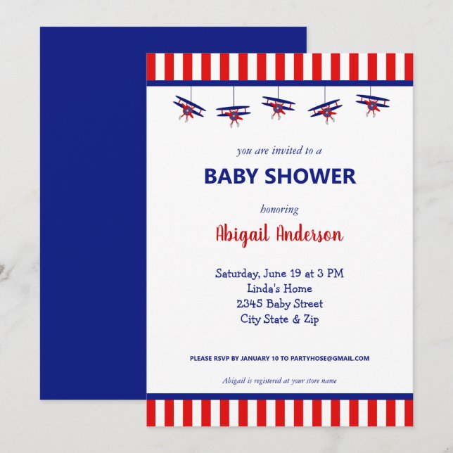 Blue and Red Airplane Striped Baby Shower Invitation (Front/Back)