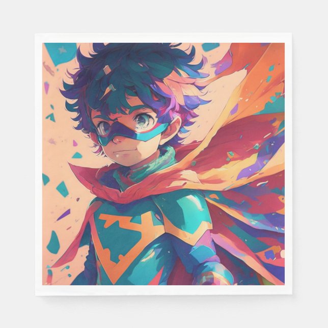 Blue and Red Anime Superhero Boy  Napkin (Front)