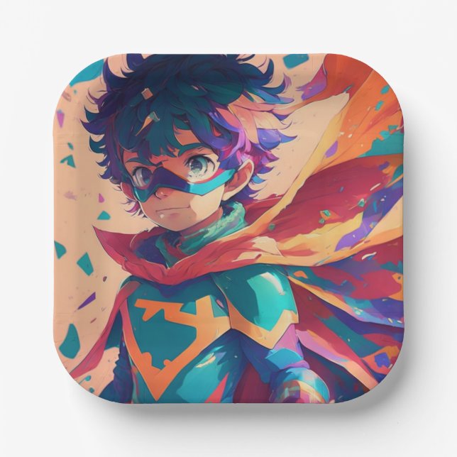 Blue and Red Anime Superhero Boy  Paper Plate (Front)