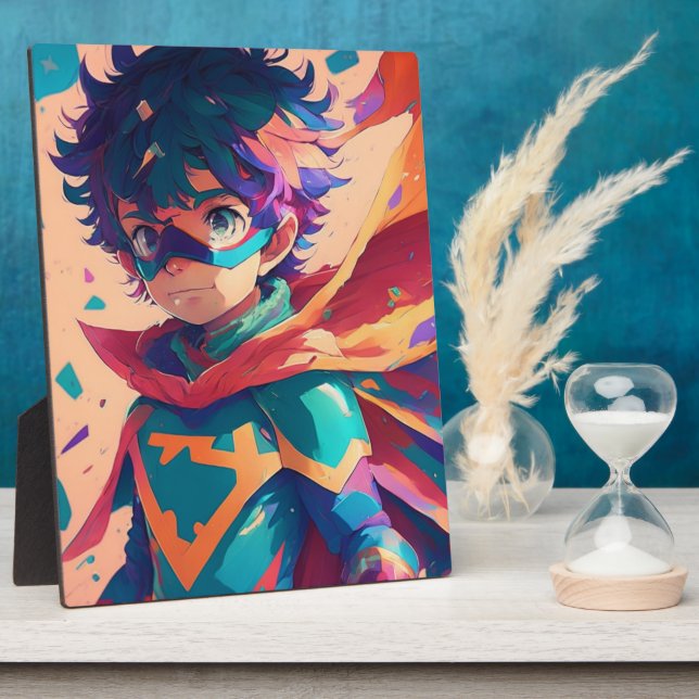 Blue and Red Anime Superhero Boy  Plaque (Side)