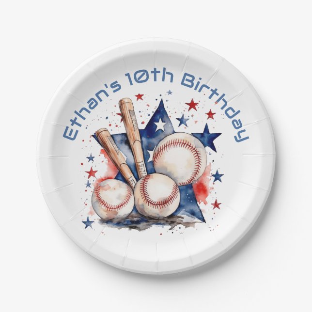 Blue and Red Baseball Bat and Ball Typography Paper Plate (Front)