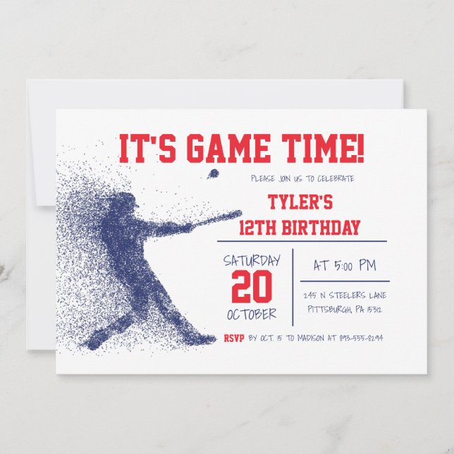 Blue and Red Baseball Birthday Invitation (Front)