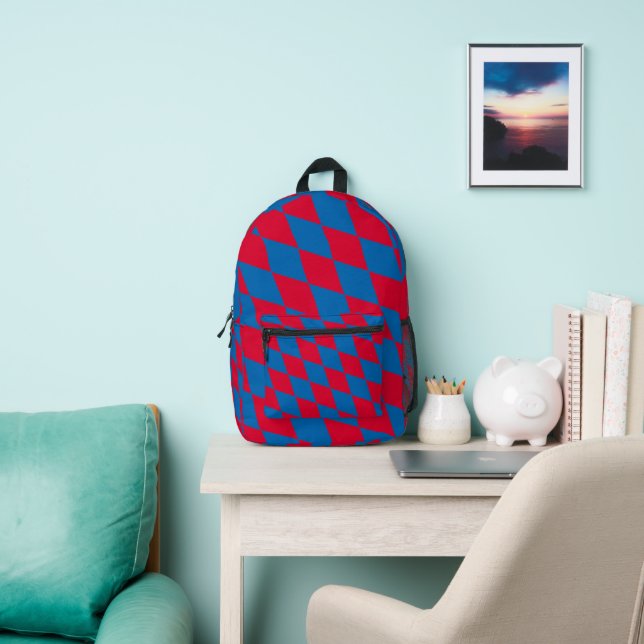 Blue and Red Bavaria Diamond Flag Pattern Printed Backpack (Insitu)