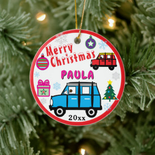Blue and Red Cars PHOTO NAME Ceramic Ornament