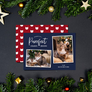 Blue and Red Cat Face Purrfect Holiday Photo Card