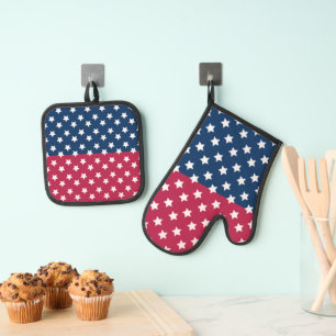 Blue And Red Colour Block With White Stars Oven Mitt & Pot Holder Set
