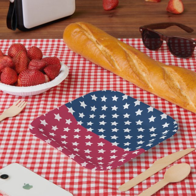 Blue And Red Colour Block With White Stars Paper Plate (Picnic)