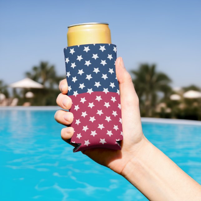 Blue And Red Colour Block With White Stars Seltzer Can Cooler (In Situ Pool)