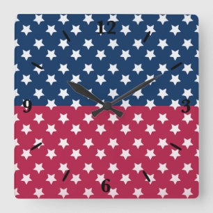Blue And Red Colour Block With White Stars Square Wall Clock