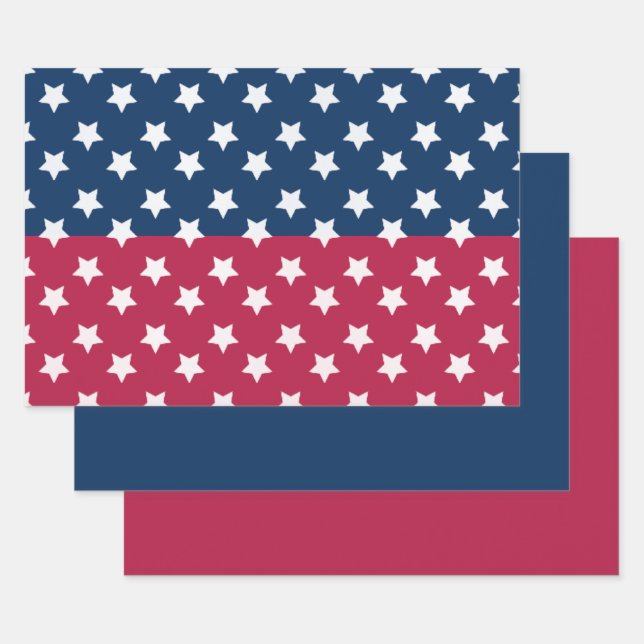 Blue And Red Colour Block With White Stars Wrapping Paper Sheet (Set)