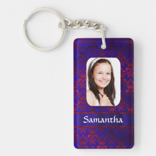 Blue and red damask photo template keychain