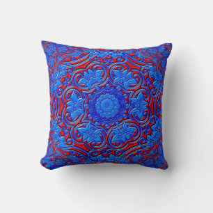Blue and red damasks abstract fractal design throw pillow