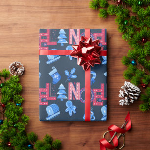 Blue And Red Festive Noel Lettering Christmas Wrapping Paper
