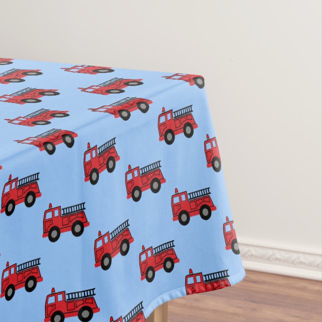 Blue and Red Fire Truck Kid's Birthday Tablecloth (In Situ)