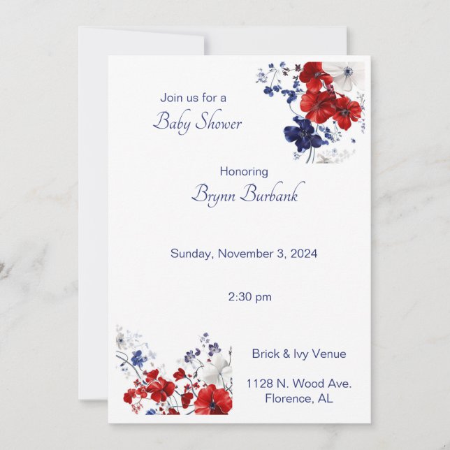 Blue and Red Floral Baby Shower Invitation (Front)