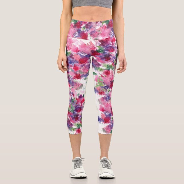Blue and red Floral Composit Abstract  Capri Leggings (Front)