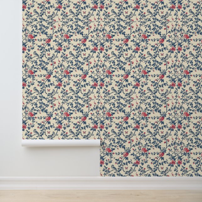 Blue and Red Floral Toile de Jouy and Birds Wallpaper (Application)