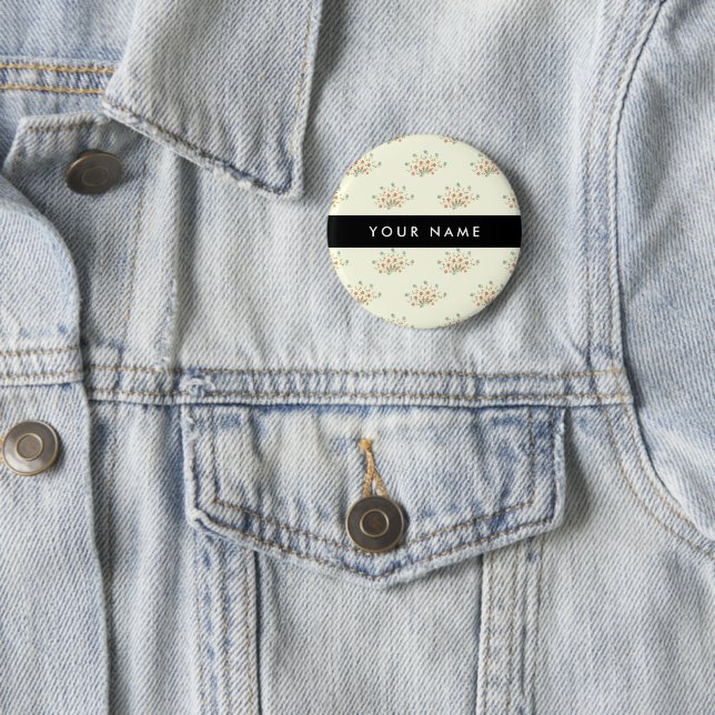 Blue and Red Flowers, Black, Your Name 2 Inch Round Button (In Situ)